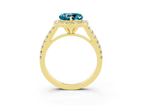 Yellow gold Heart Cut Halo Diamond Ring with Pavé Band and Three-Prong Setting_3