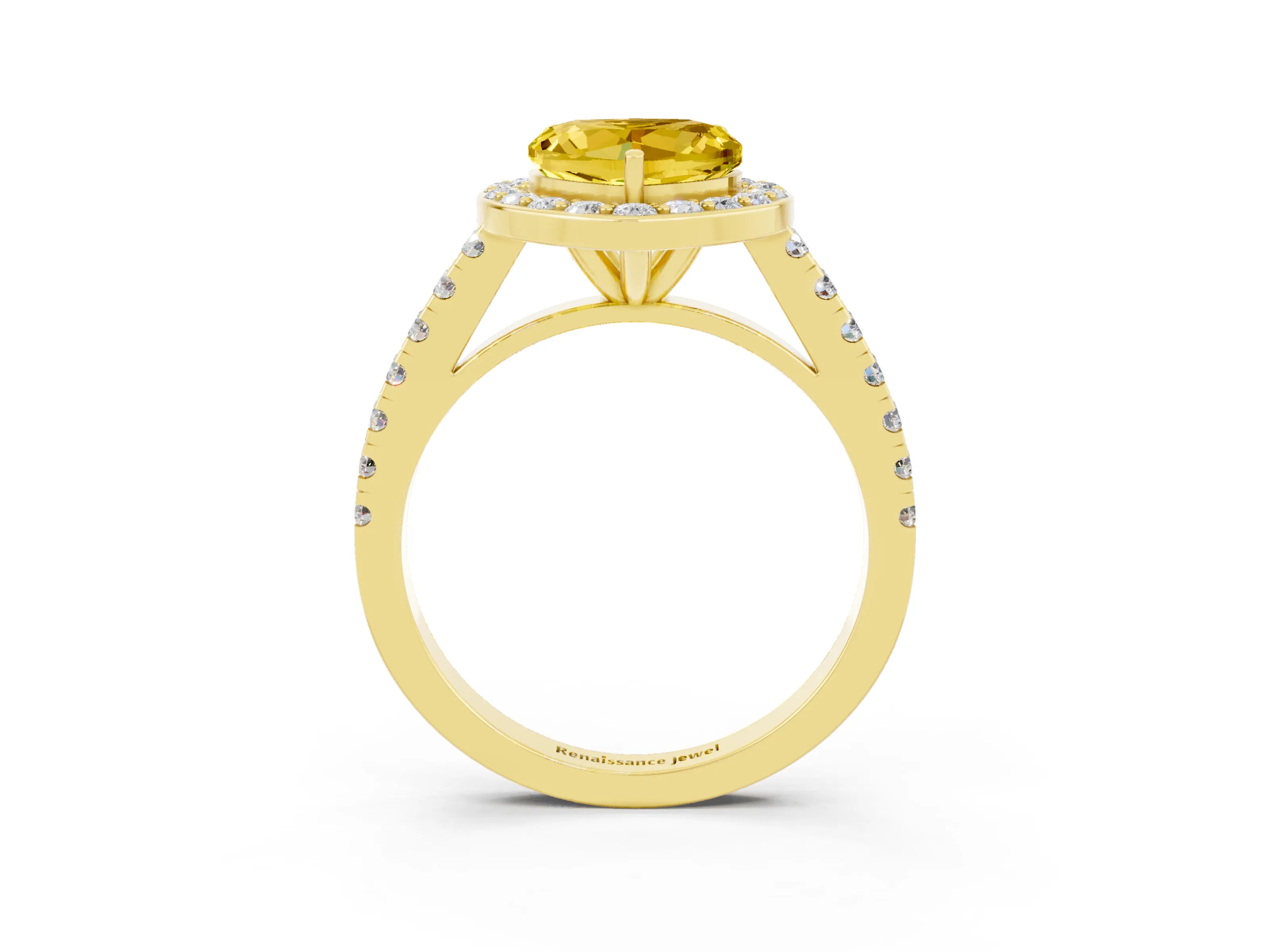 Yellow gold Heart Cut Halo Diamond Ring with Pavé Band and Three-Prong Setting_3