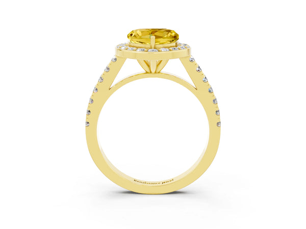 Yellow gold Heart Cut Yellow Sapphire Halo Ring with Round Pavé Split Shank and Prong Setting