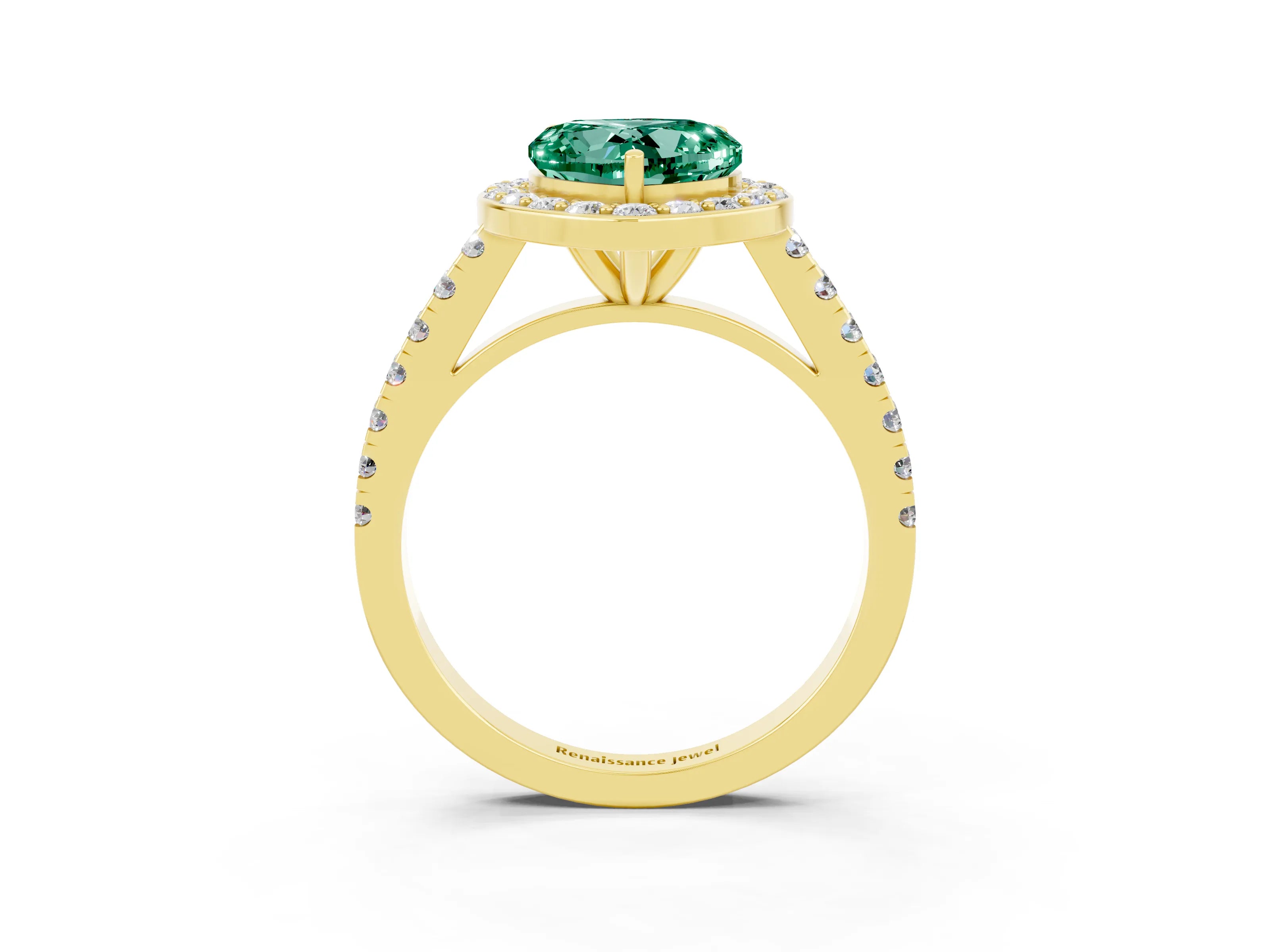 Yellow gold Heart Cut Halo Diamond Ring with Pavé Band and Three-Prong Setting_3