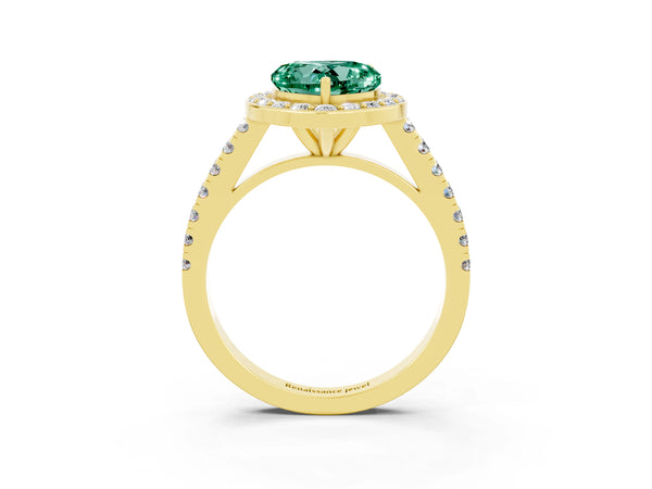 Yellow gold Heart Cut Green Sapphire Halo Ring with Round Pavé Split Shank and Prong Setting