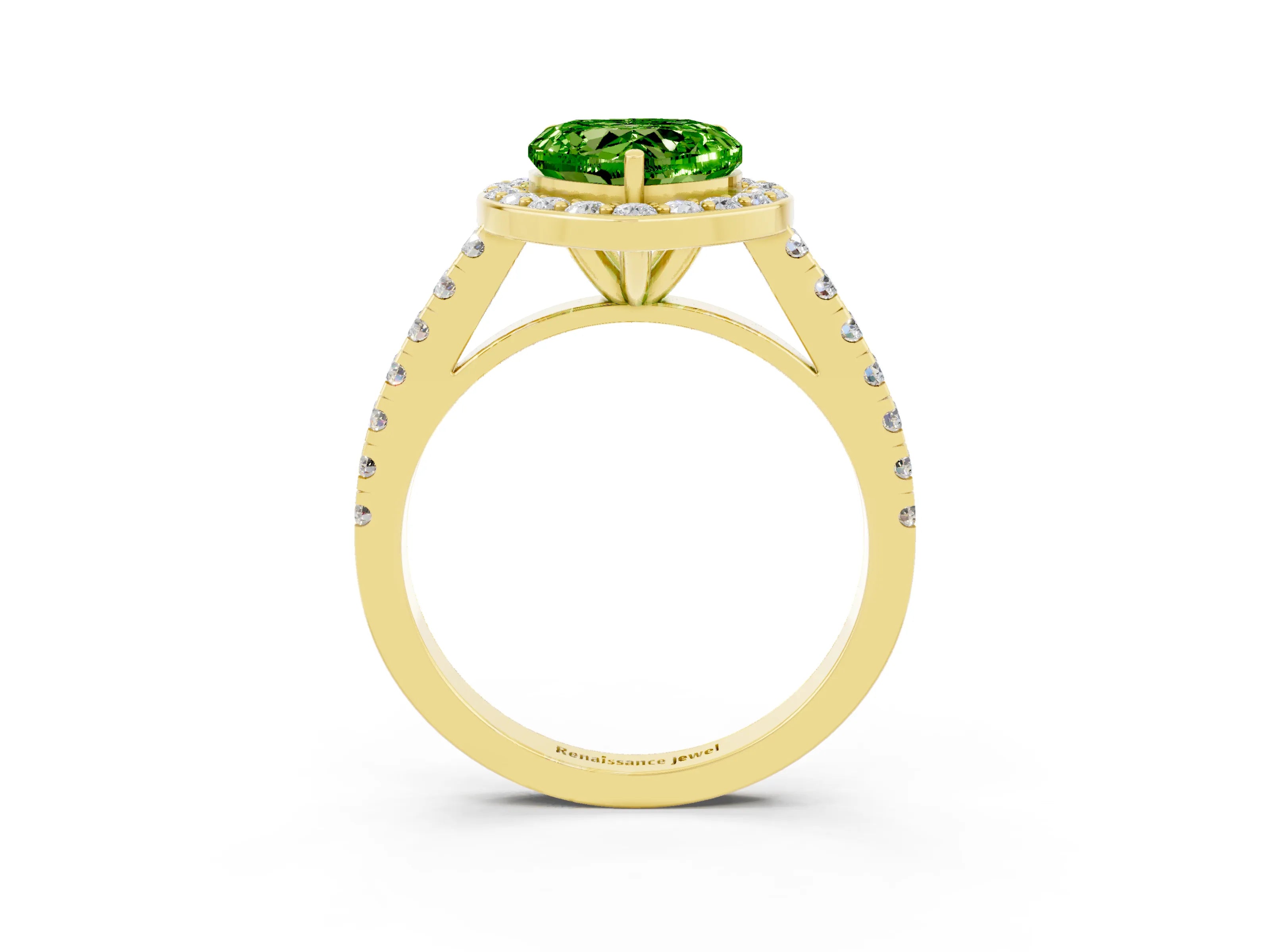 Yellow gold Heart Cut Halo Diamond Ring with Pavé Band and Three-Prong Setting_3