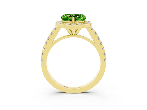 Yellow gold Heart Cut Halo Diamond Ring with Pavé Band and Three-Prong Setting