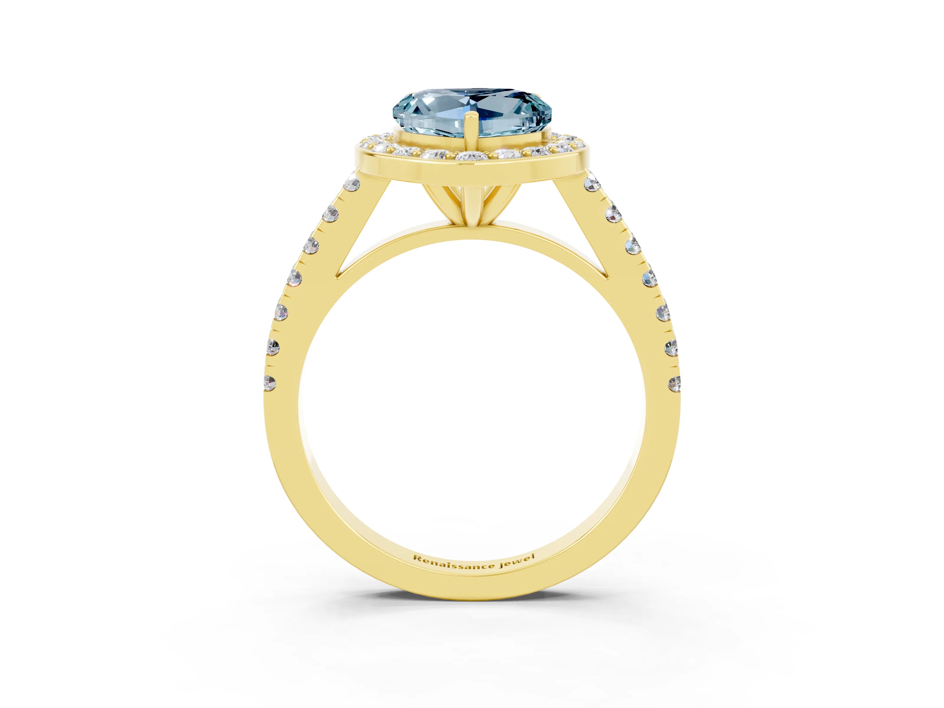 Yellow gold Heart Cut Halo Diamond Ring with Pavé Band and Three-Prong Setting_3