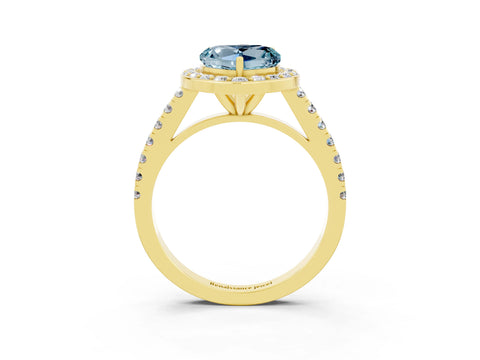 Yellow gold Heart Cut Halo Diamond Ring with Pavé Band and Three-Prong Setting_3