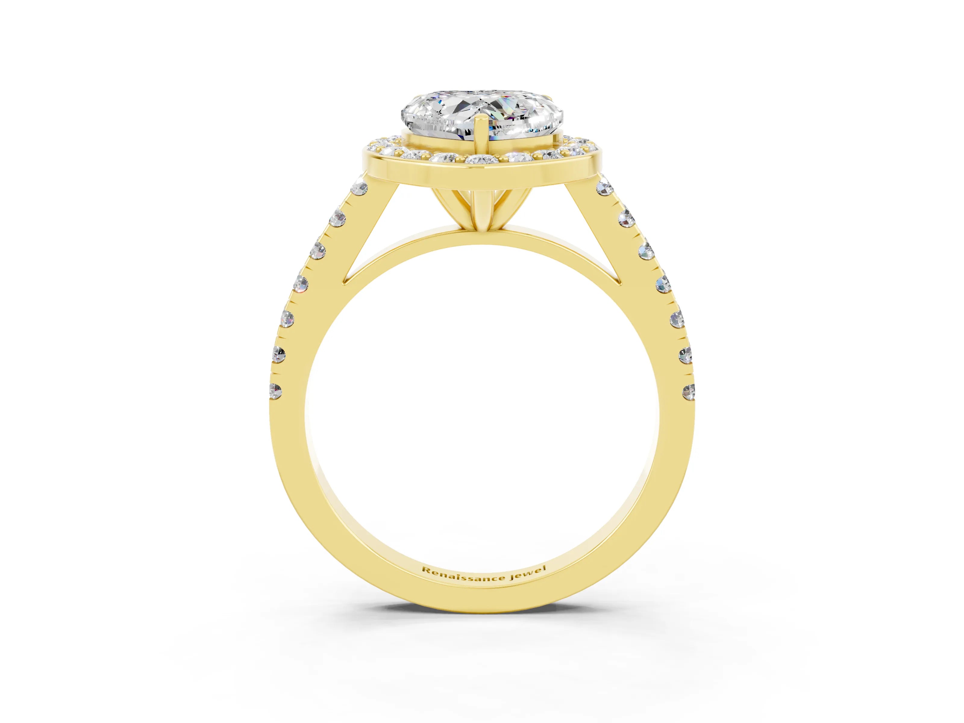 Yellow gold Heart Cut Halo Diamond Ring with Pavé Band and Three-Prong Setting_3