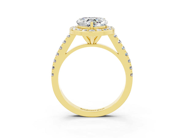 Yellow gold Heart Cut Moissanite Halo Ring with Round Pavé Split Shank and Prong Setting