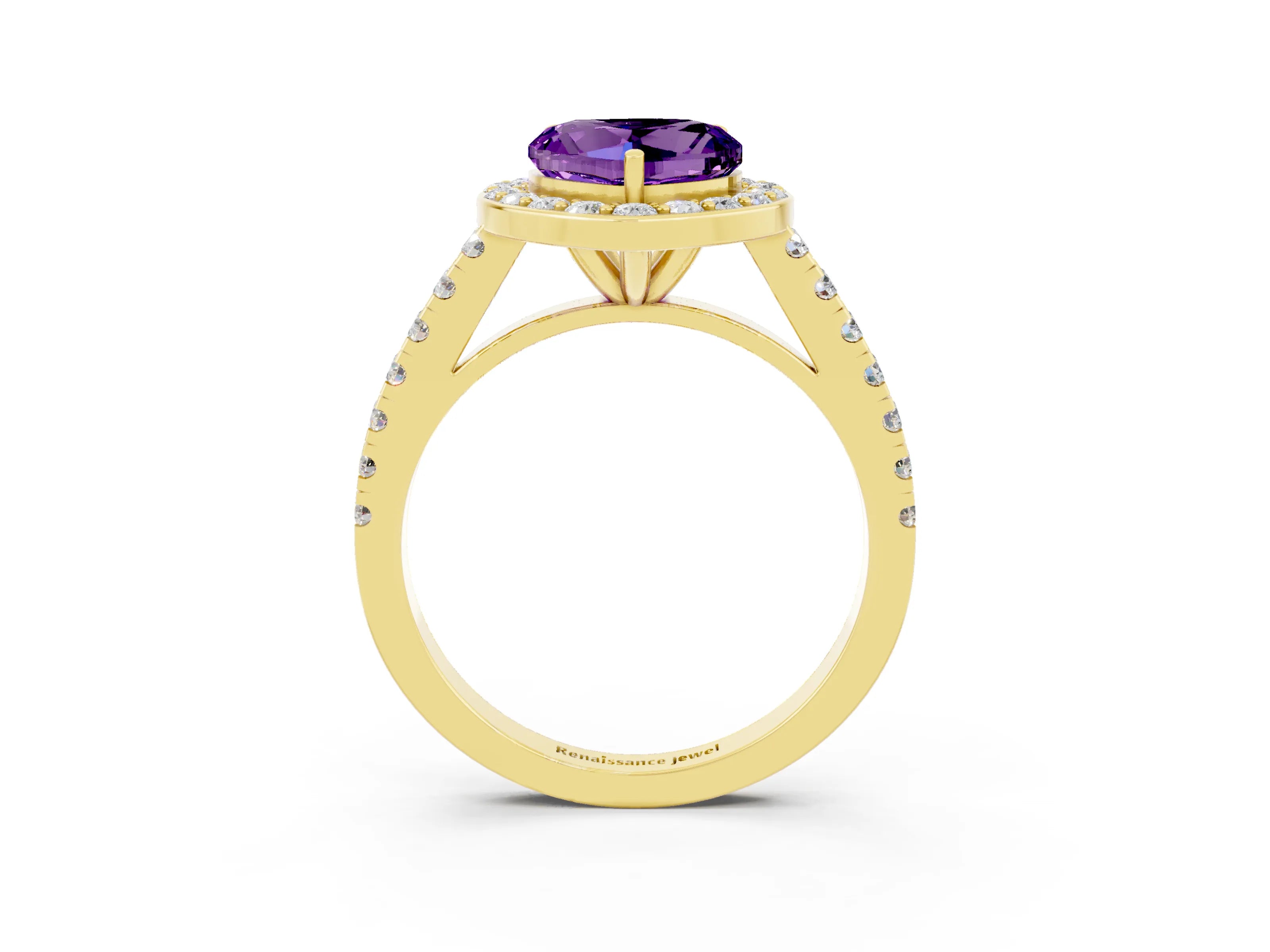 Yellow gold Heart Cut Halo Diamond Ring with Pavé Band and Three-Prong Setting_3