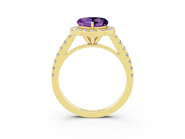 Yellow gold Heart Cut Amethyst Halo Ring with Round Pavé Split Shank and Prong Setting