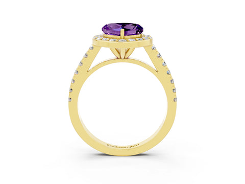 Yellow gold Heart Cut Halo Diamond Ring with Pavé Band and Three-Prong Setting_3