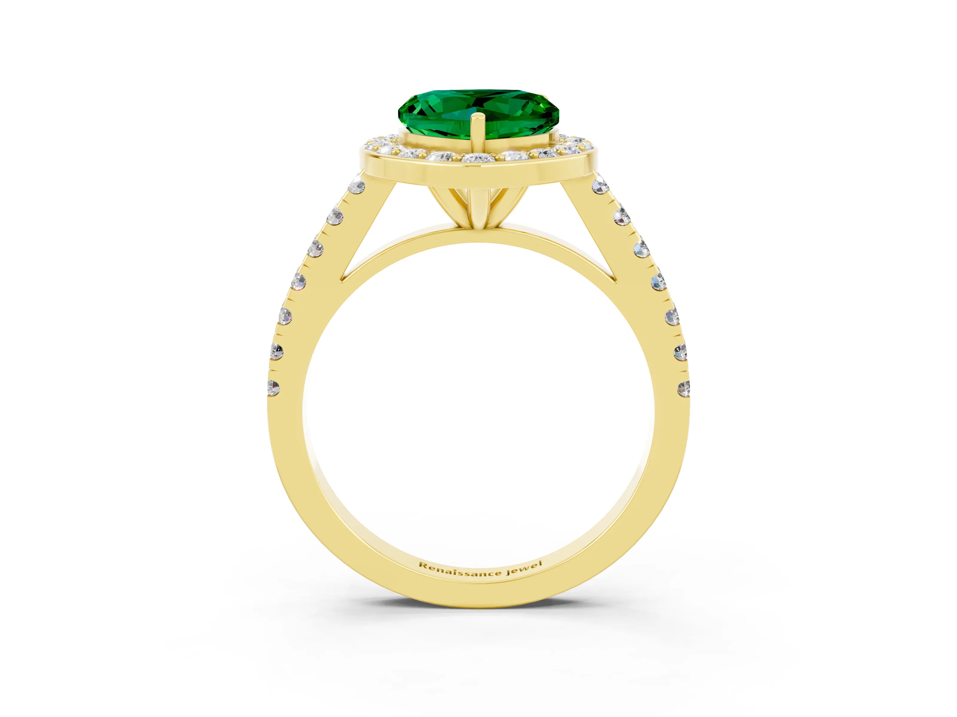 Yellow gold Heart Cut Halo Diamond Ring with Pavé Band and Three-Prong Setting_3