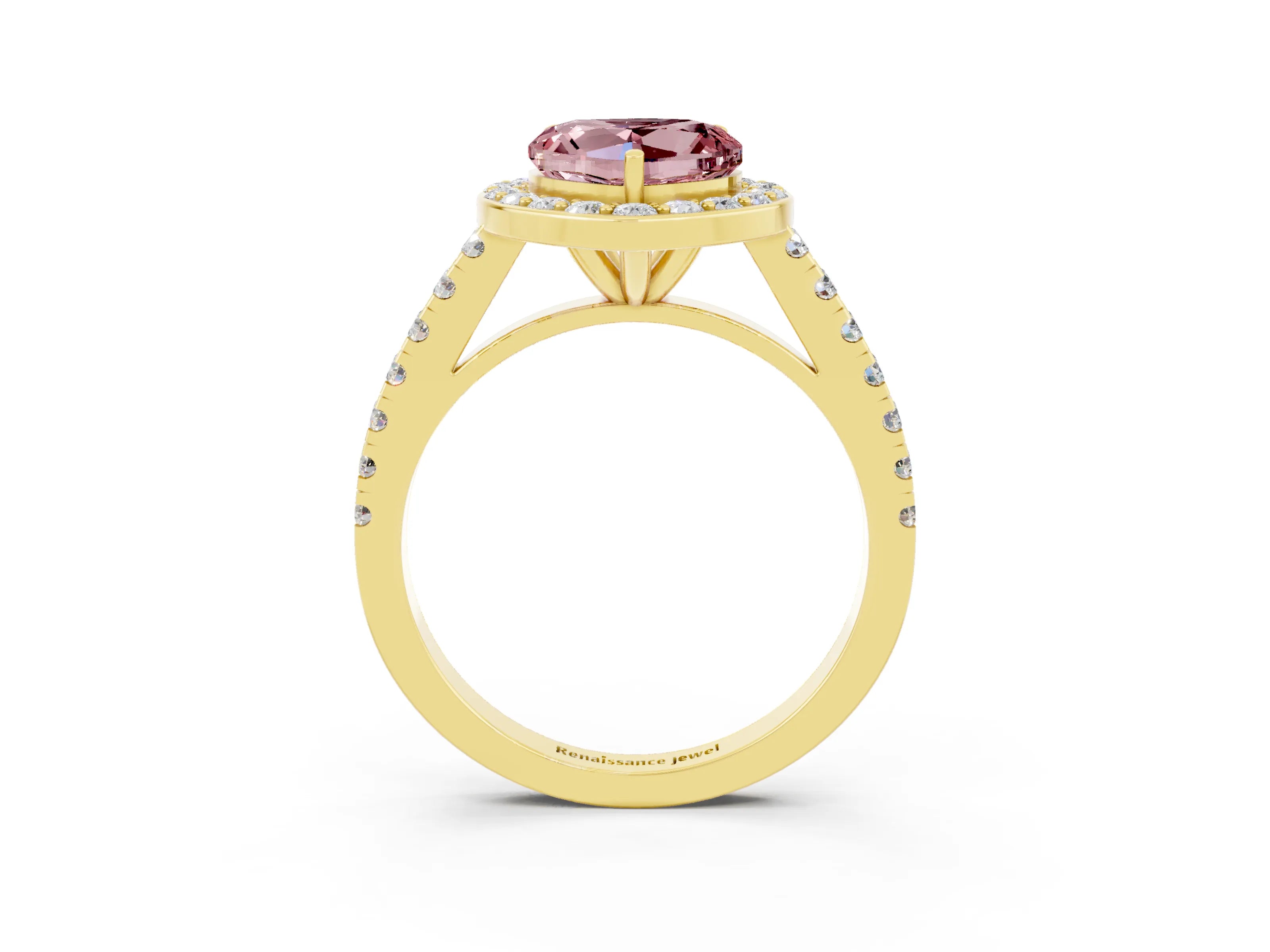 Yellow gold Heart Cut Halo Diamond Ring with Pavé Band and Three-Prong Setting_3