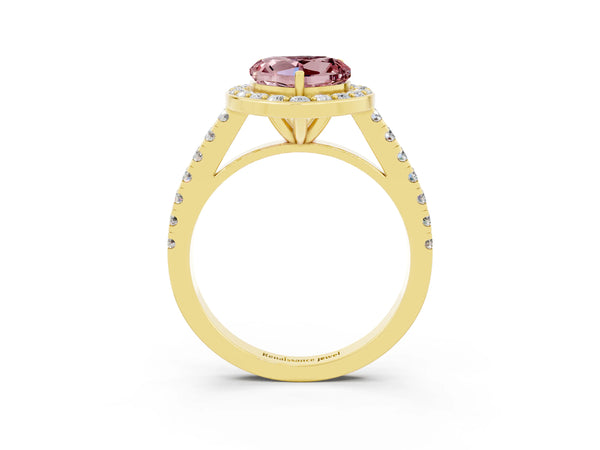Yellow gold Heart Cut Halo Diamond Ring with Pavé Band and Three-Prong Setting
