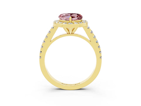 Yellow gold Heart Cut Halo Diamond Ring with Pavé Band and Three-Prong Setting_3