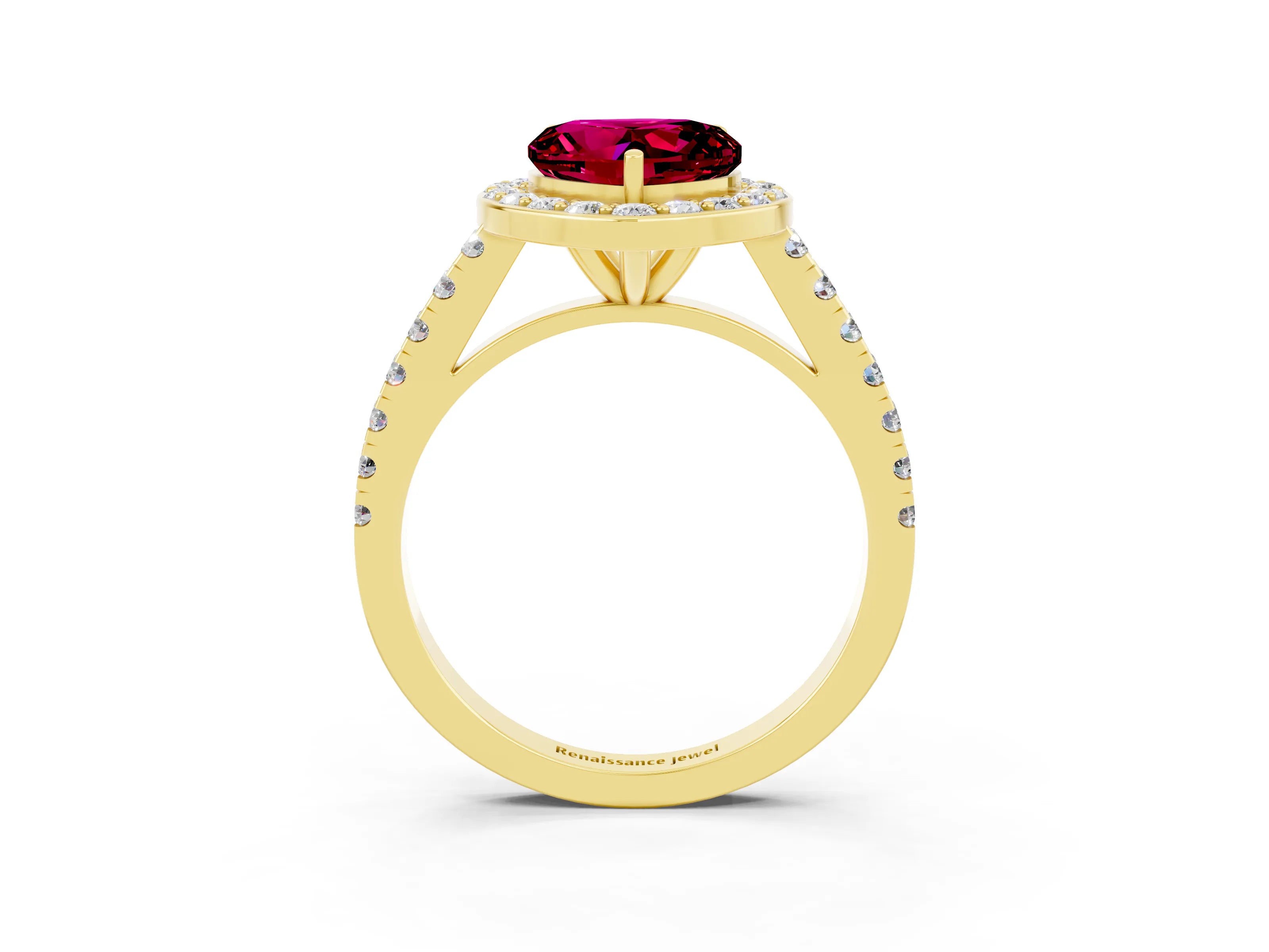 Yellow gold Heart Cut Halo Diamond Ring with Pavé Band and Three-Prong Setting_3
