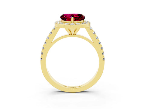 Yellow gold Heart Cut Halo Diamond Ring with Pavé Band and Three-Prong Setting_3