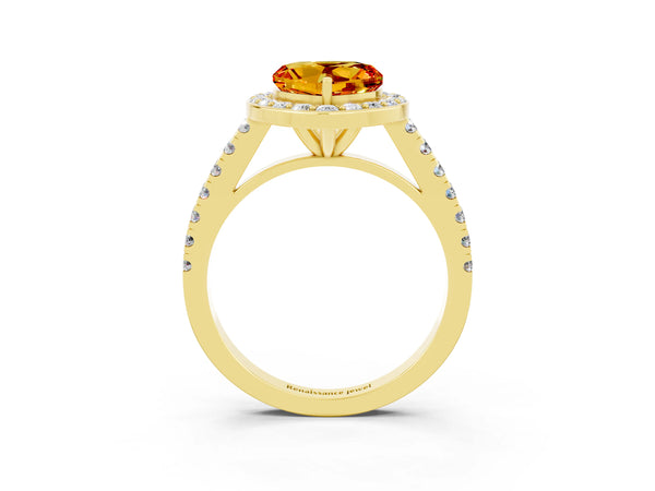Yellow gold Heart Cut Citrine Halo Ring with Round Pavé Split Shank and Prong Setting