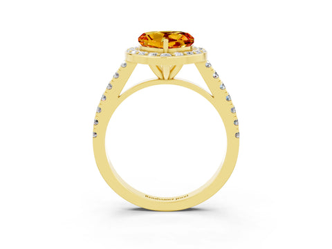 Yellow gold Heart Cut Halo Diamond Ring with Pavé Band and Three-Prong Setting_3
