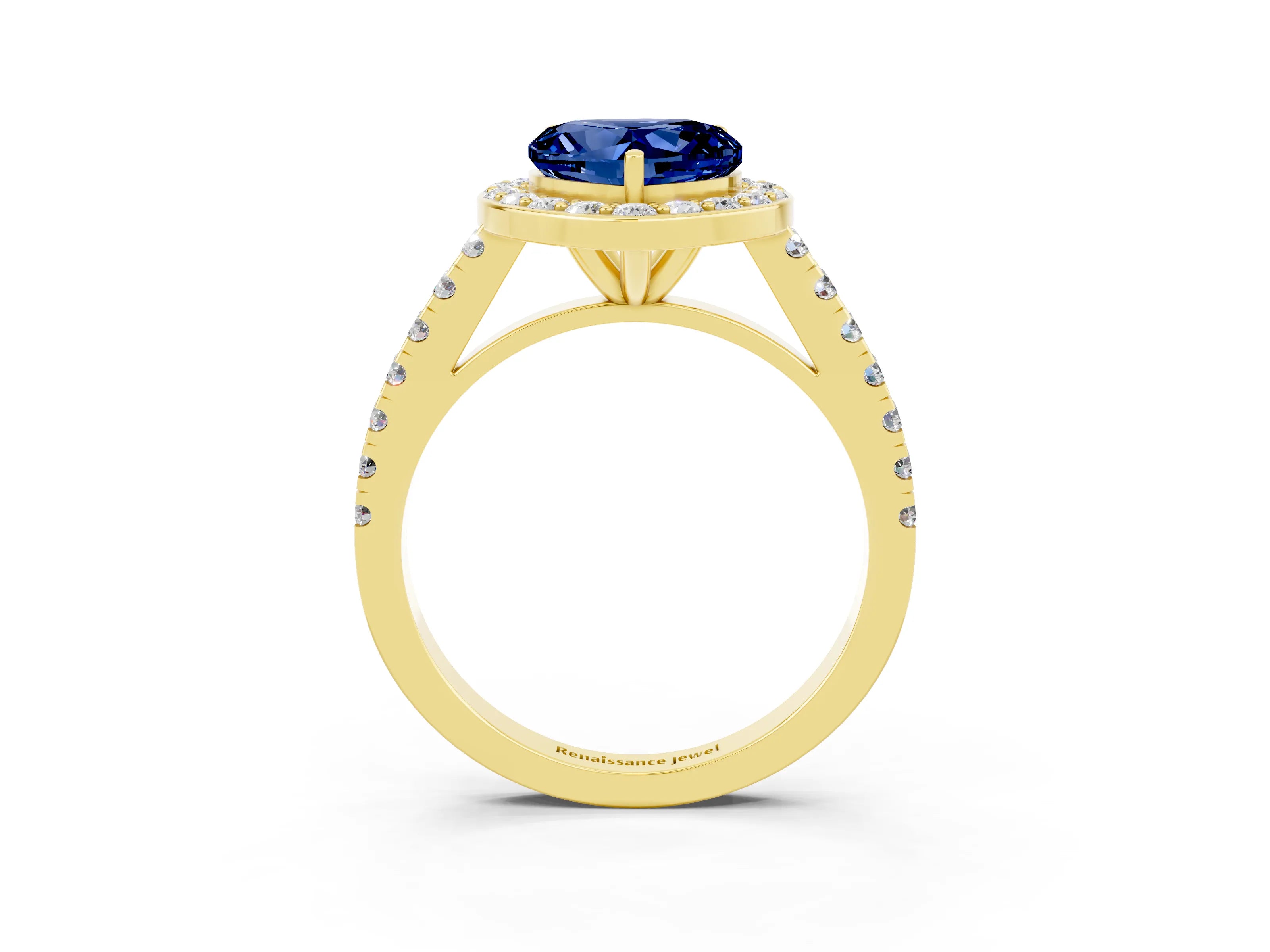 Yellow gold Heart Cut Halo Diamond Ring with Pavé Band and Three-Prong Setting_3