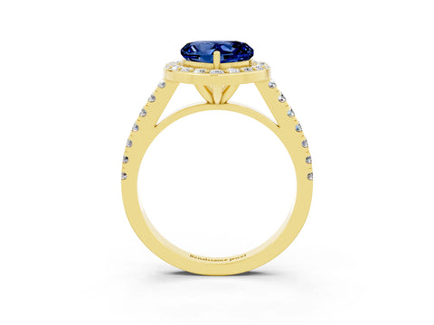 Yellow gold Heart Cut Halo Diamond Ring with Pavé Band and Three-Prong Setting_3