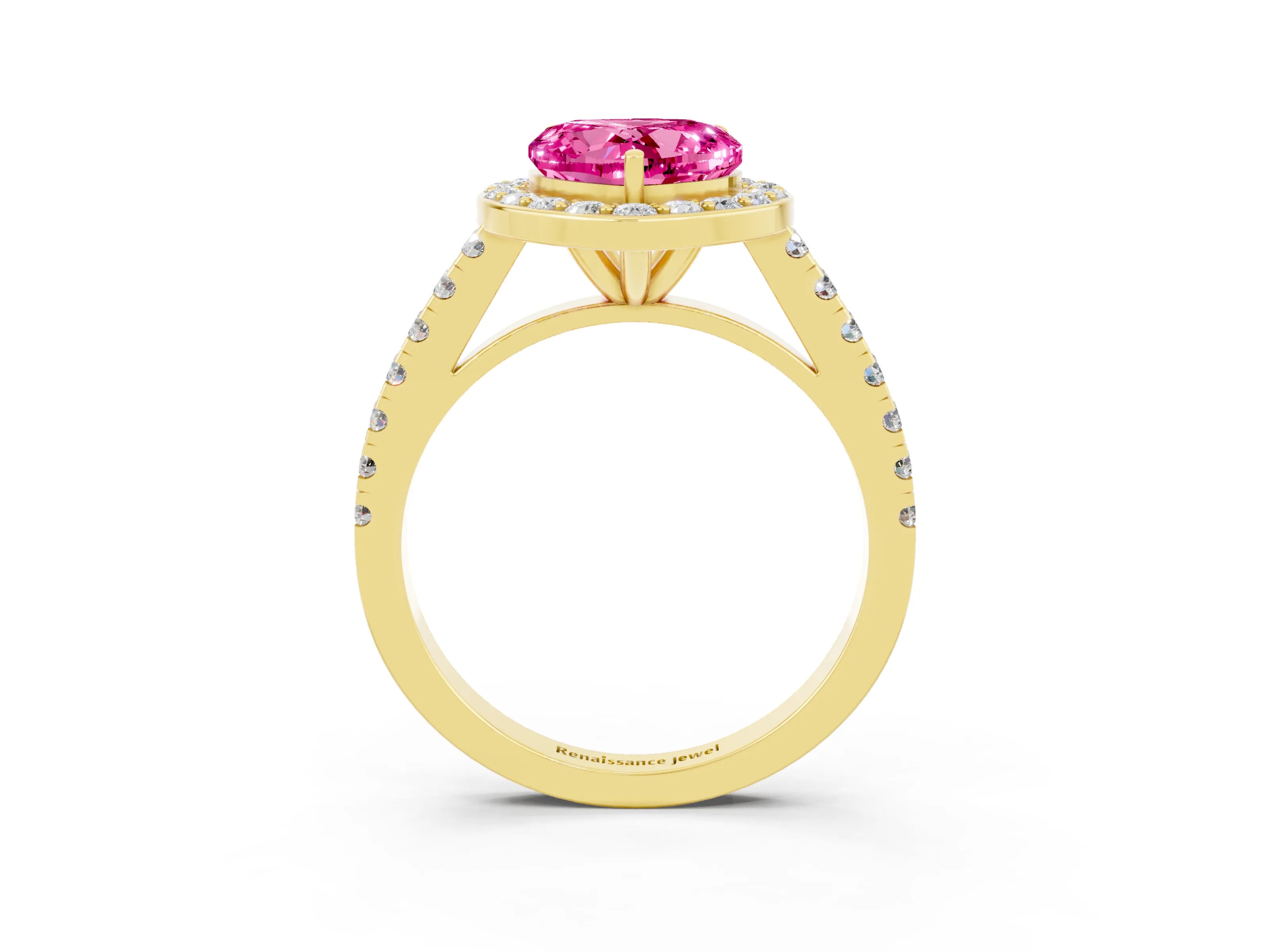 Yellow gold Heart Cut Halo Diamond Ring with Pavé Band and Three-Prong Setting_3