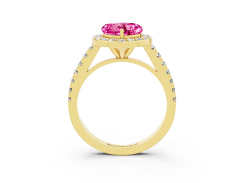 Yellow gold Heart Cut Halo Diamond Ring with Pavé Band and Three-Prong Setting_3