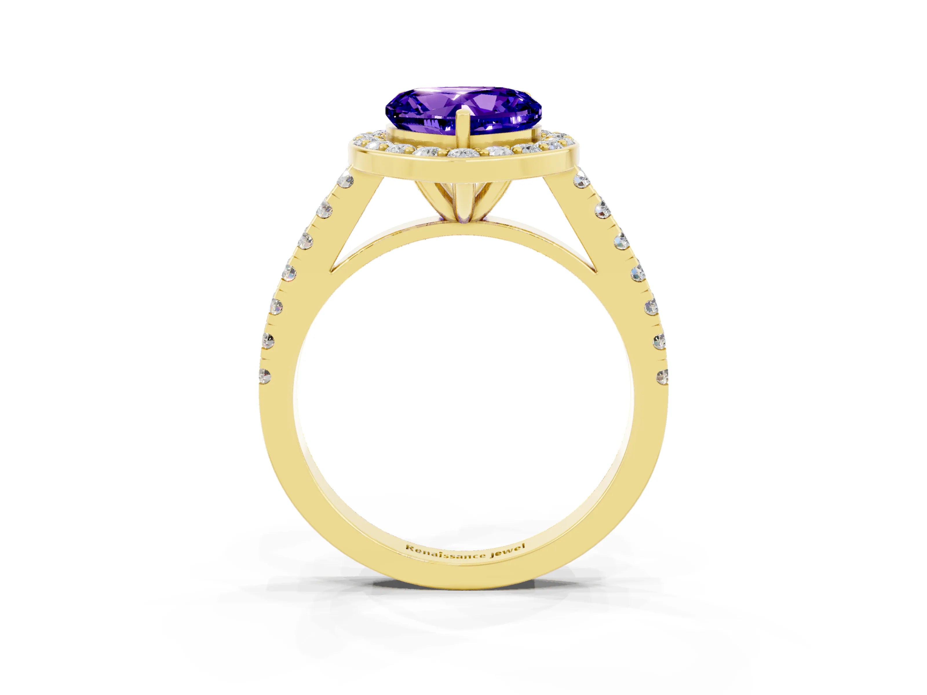 Yellow gold Heart Cut Halo Diamond Ring with Pavé Band and Three-Prong Setting_3