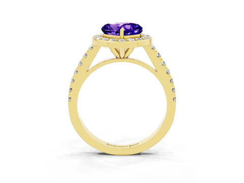 Yellow gold Heart Cut Halo Diamond Ring with Pavé Band and Three-Prong Setting_3