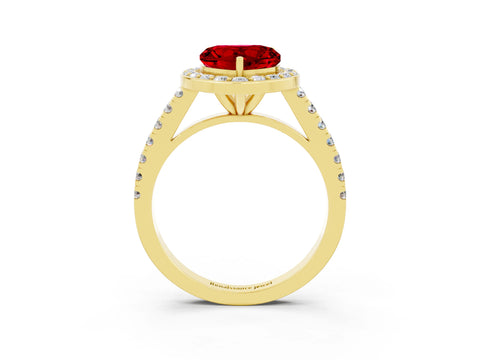 Yellow gold Heart Cut Halo Diamond Ring with Pavé Band and Three-Prong Setting_3