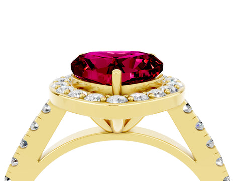 Yellow gold Heart Cut Halo Diamond Ring with Pavé Band and Three-Prong Setting_4