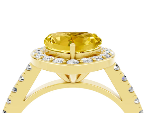 Yellow gold Heart Cut Halo Diamond Ring with Pavé Band and Three-Prong Setting_4
