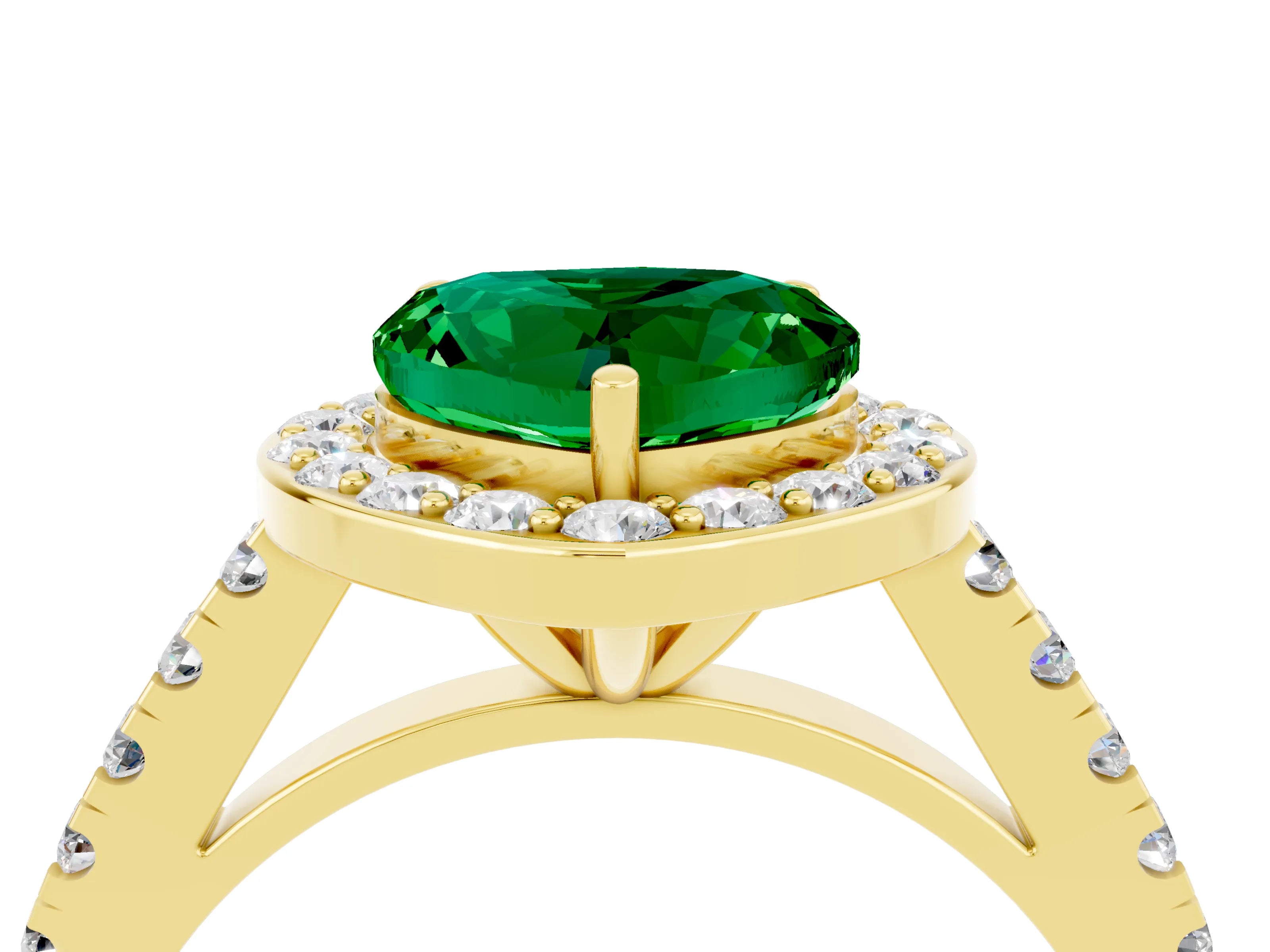 Yellow gold Heart Cut Halo Diamond Ring with Pavé Band and Three-Prong Setting_4