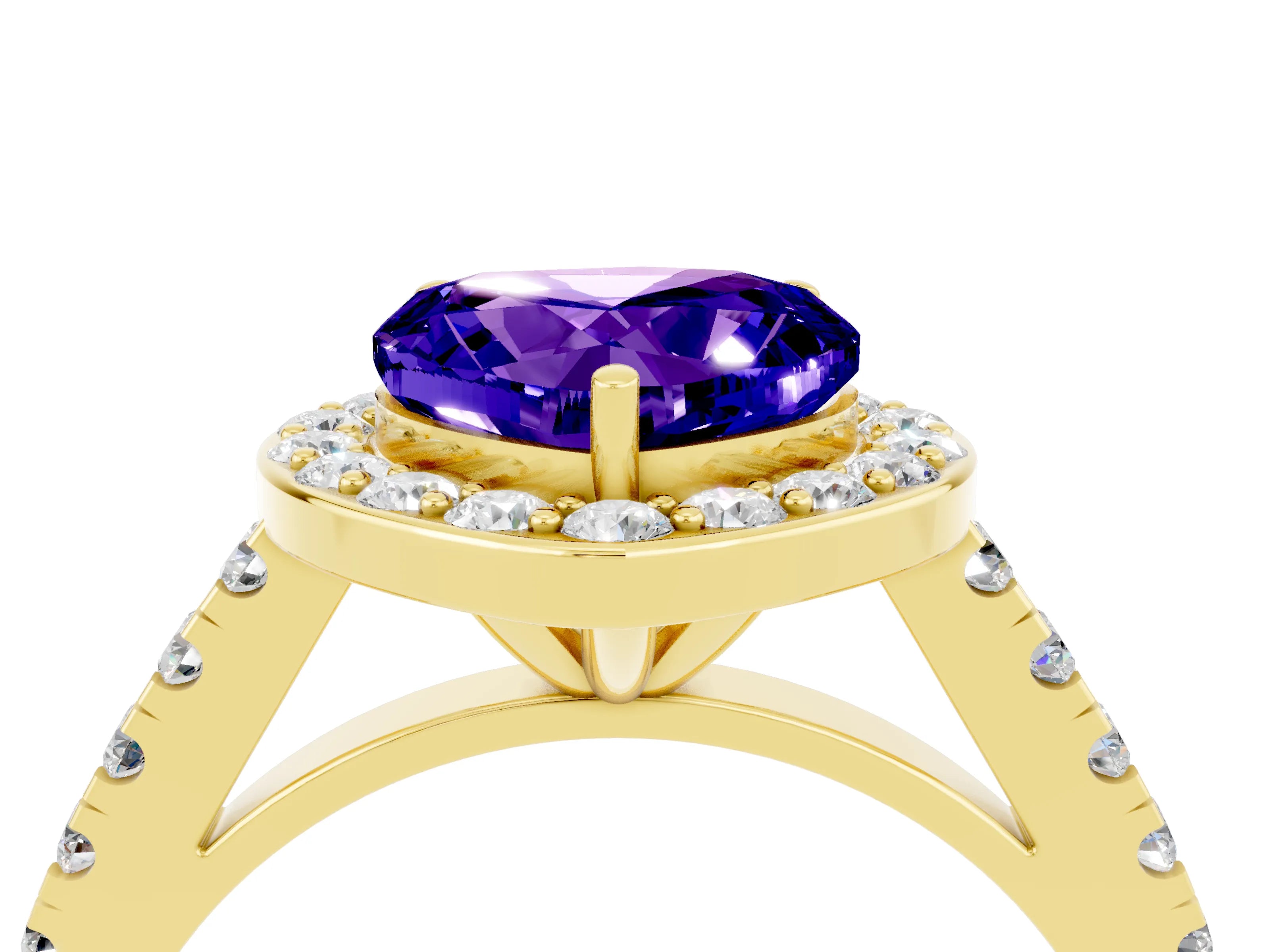 Yellow gold Heart Cut Halo Diamond Ring with Pavé Band and Three-Prong Setting_4