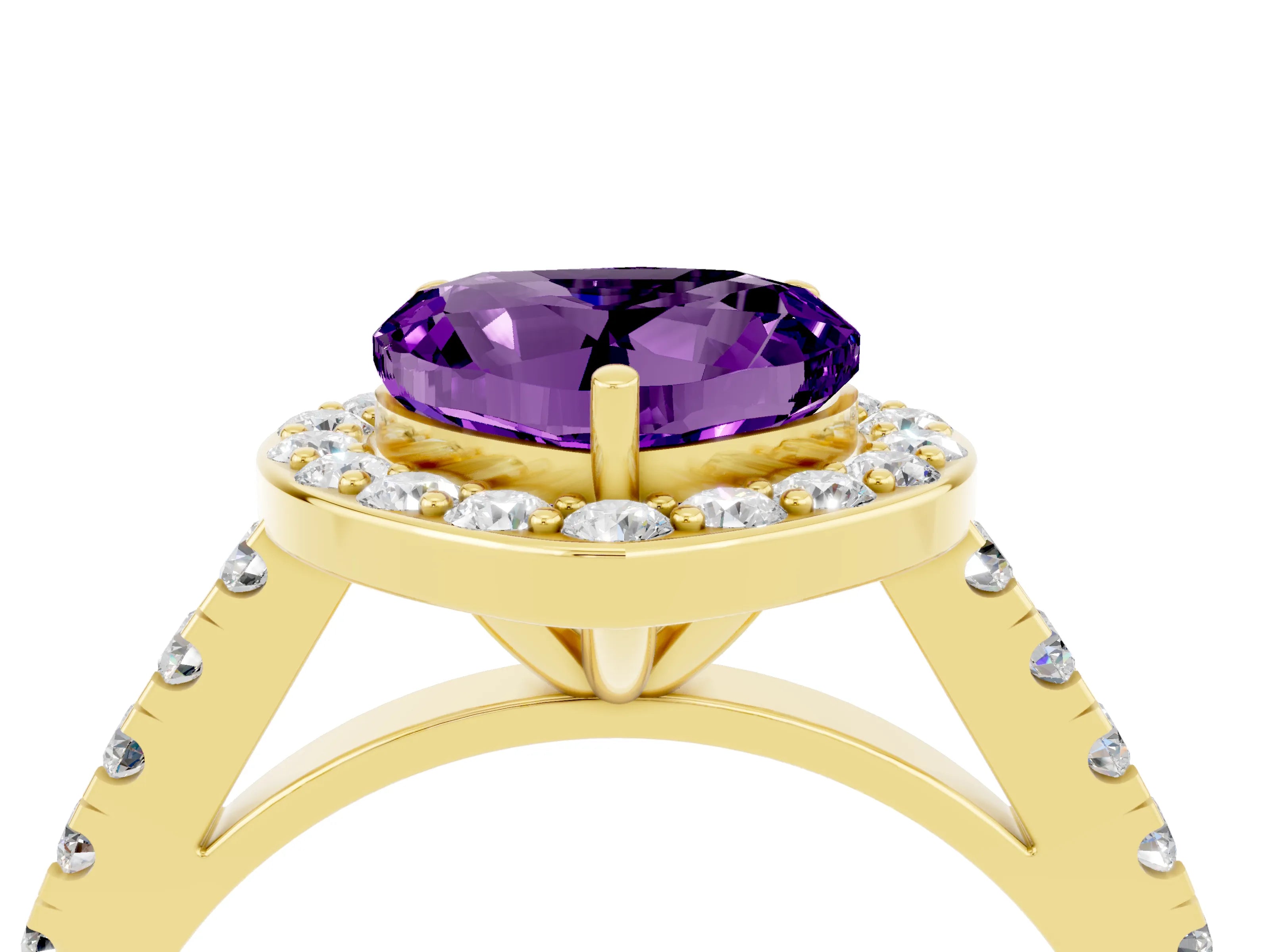 Yellow gold Heart Cut Halo Diamond Ring with Pavé Band and Three-Prong Setting_4