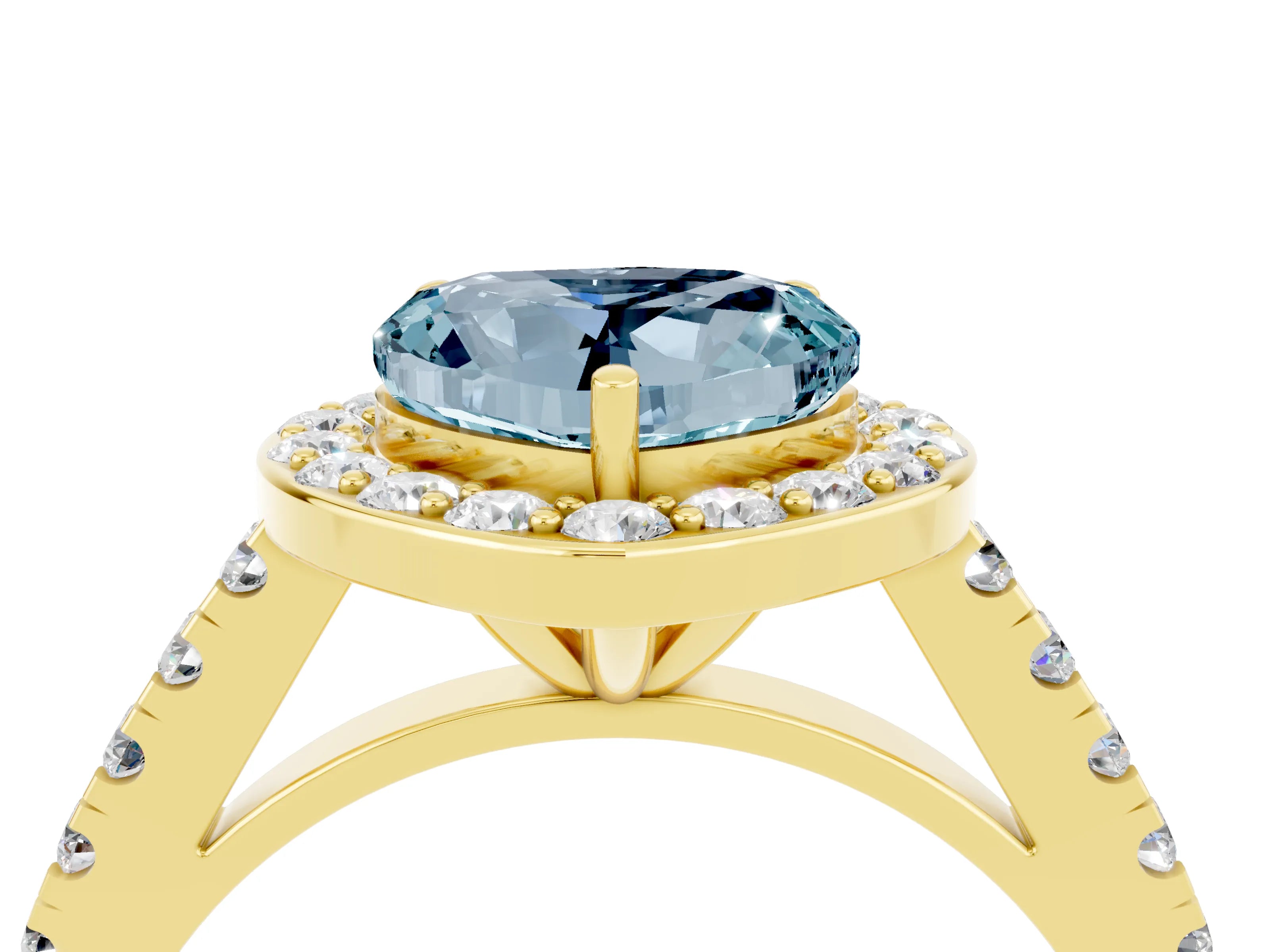 Yellow gold Heart Cut Halo Diamond Ring with Pavé Band and Three-Prong Setting_4
