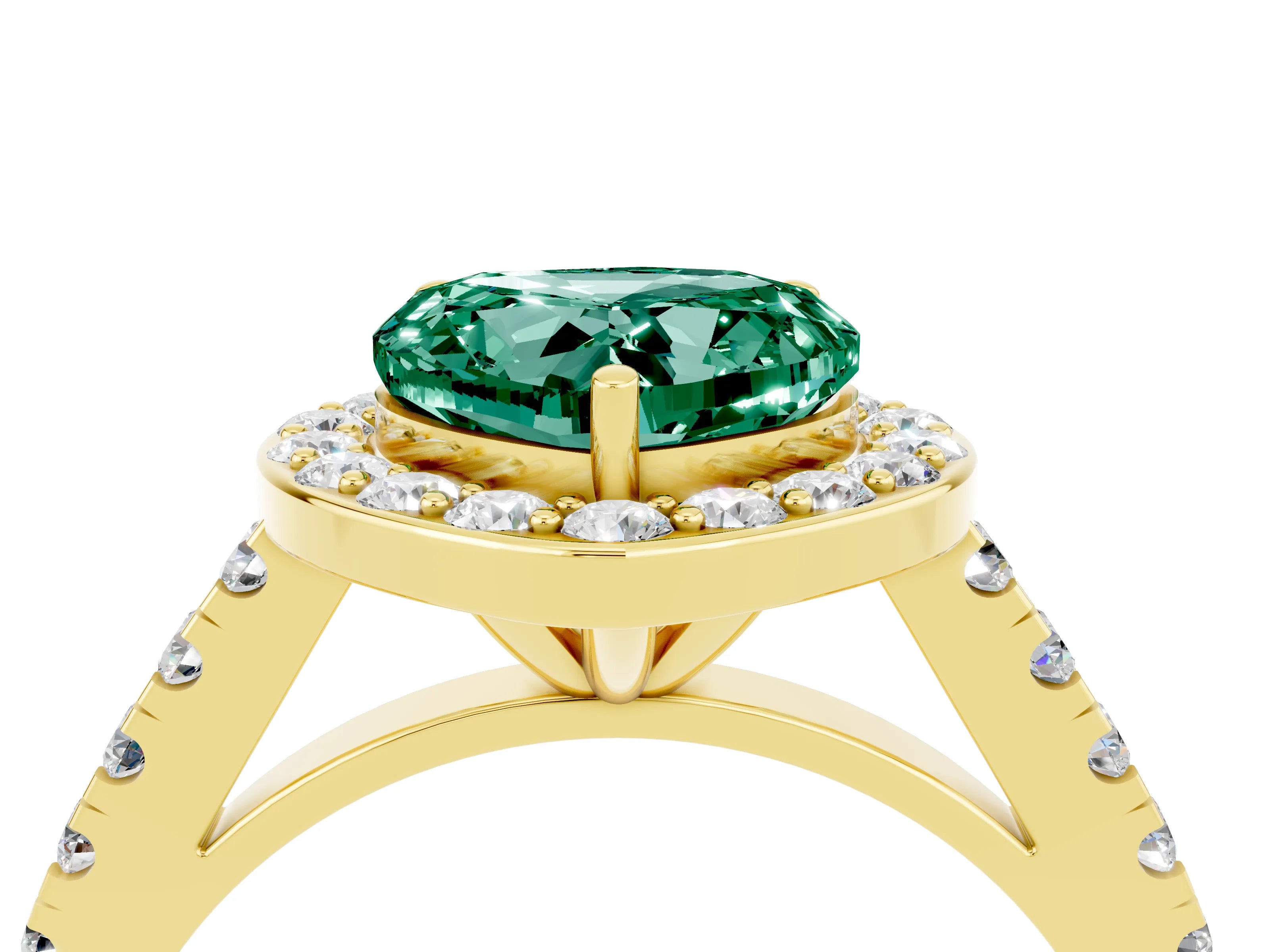 Yellow gold Heart Cut Halo Diamond Ring with Pavé Band and Three-Prong Setting_4