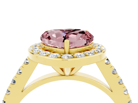 Yellow gold Heart Cut Halo Diamond Ring with Pavé Band and Three-Prong Setting_4