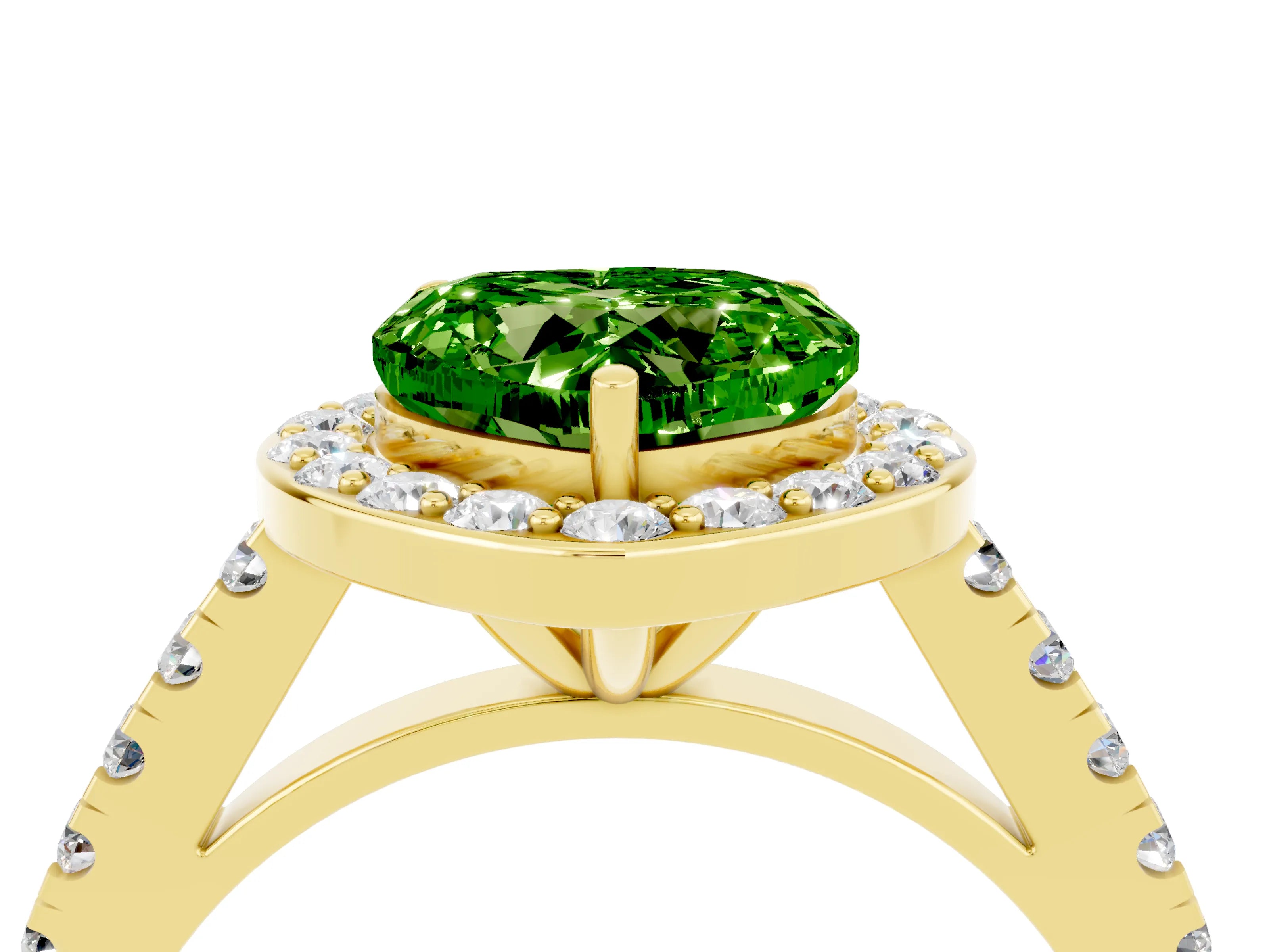 Yellow gold Heart Cut Halo Diamond Ring with Pavé Band and Three-Prong Setting_4