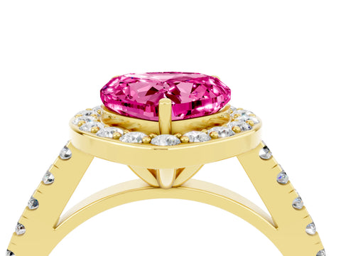 Yellow gold Heart Cut Halo Diamond Ring with Pavé Band and Three-Prong Setting_4