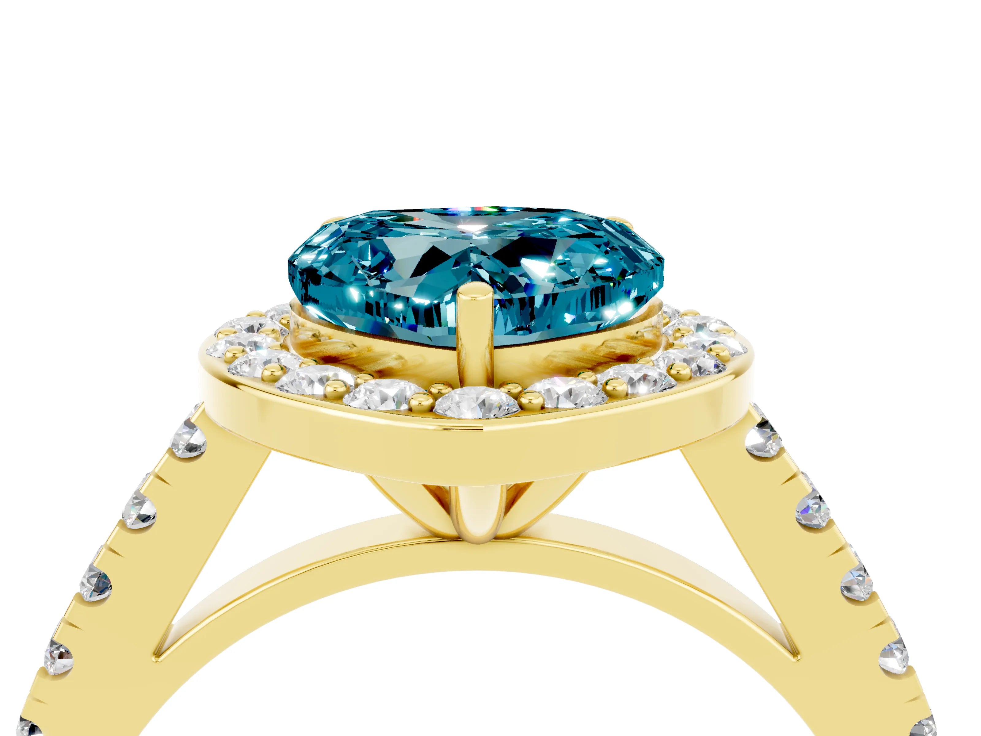 Yellow gold Heart Cut Halo Diamond Ring with Pavé Band and Three-Prong Setting_4