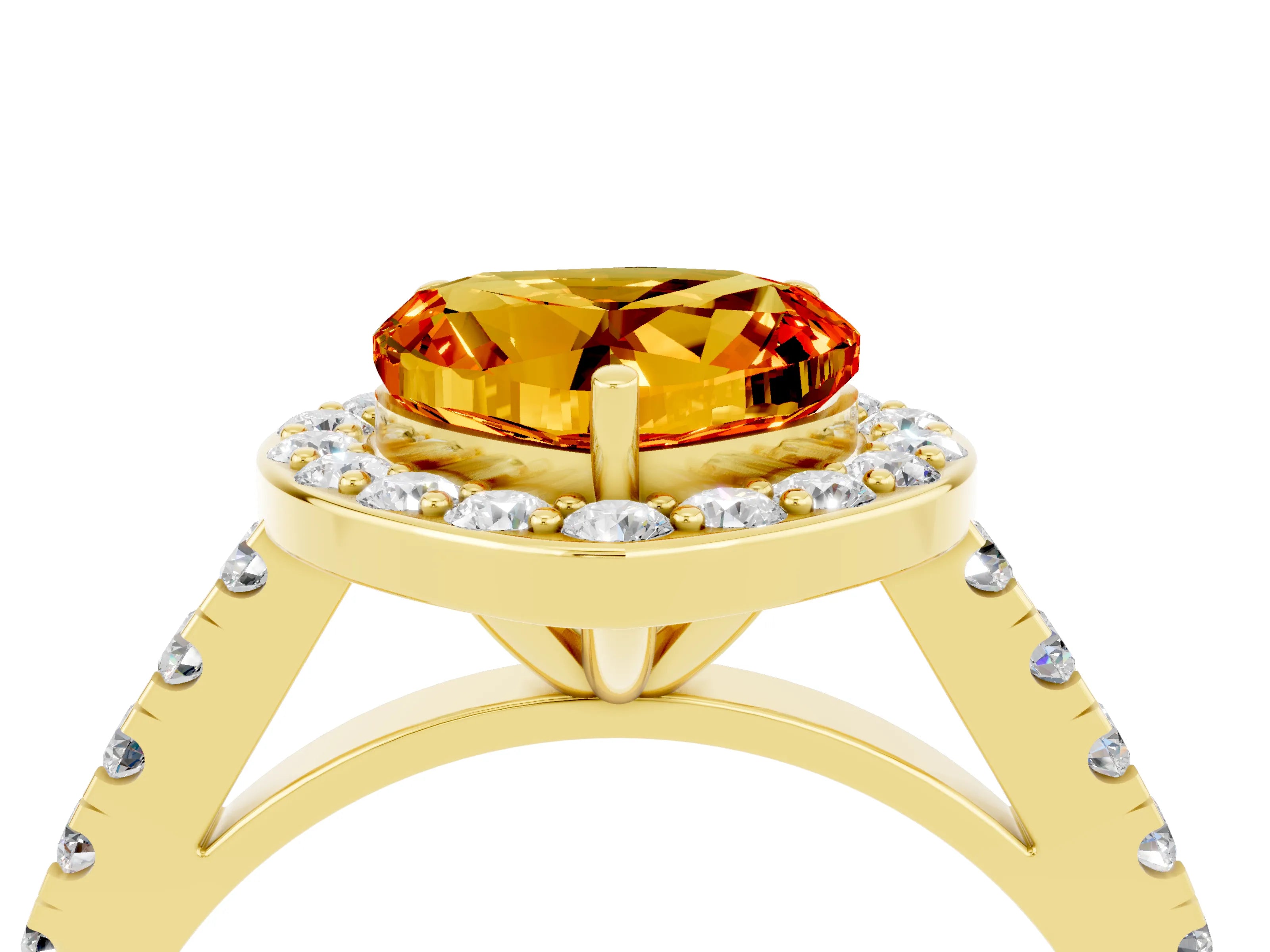 Yellow gold Heart Cut Halo Diamond Ring with Pavé Band and Three-Prong Setting_4