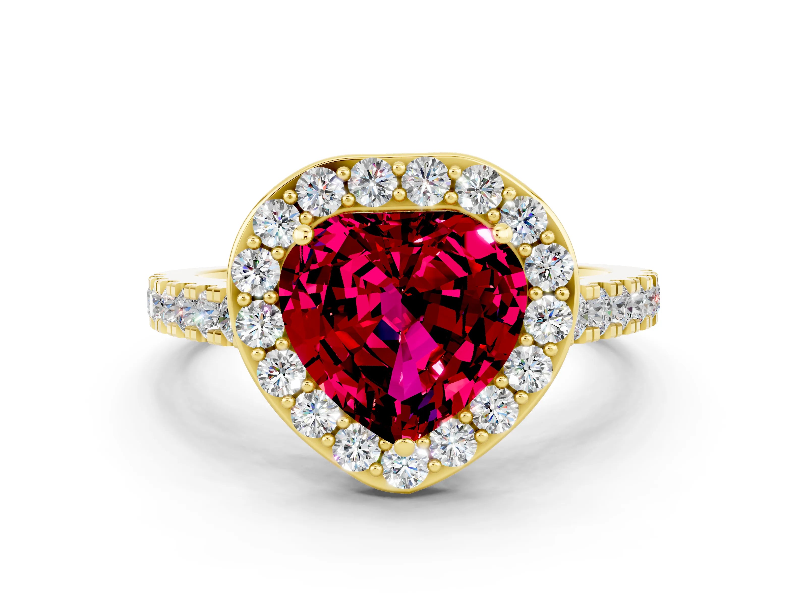 Yellow gold Heart Cut Halo Diamond Ring with Pavé Band and Three-Prong Setting
