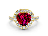 Yellow gold Heart Cut Halo Diamond Ring with Pavé Band and Three-Prong Setting