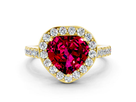 Yellow gold Heart Cut Halo Diamond Ring with Pavé Band and Three-Prong Setting
