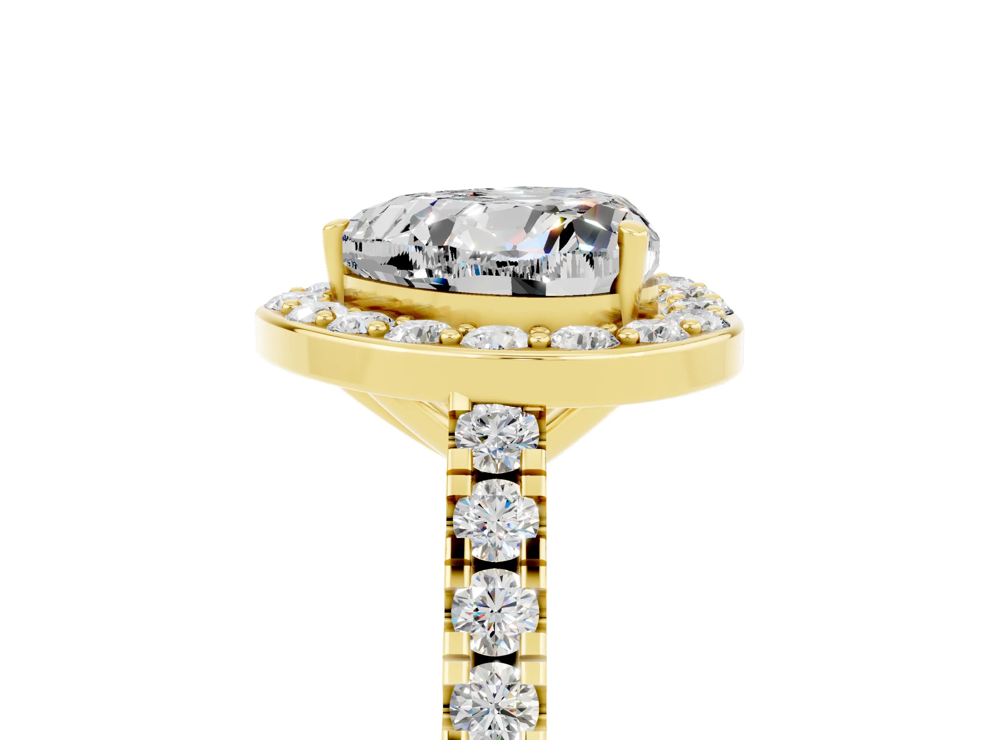 Yellow gold Heart Cut Halo Diamond Ring with Pavé Band and Three-Prong Setting_5