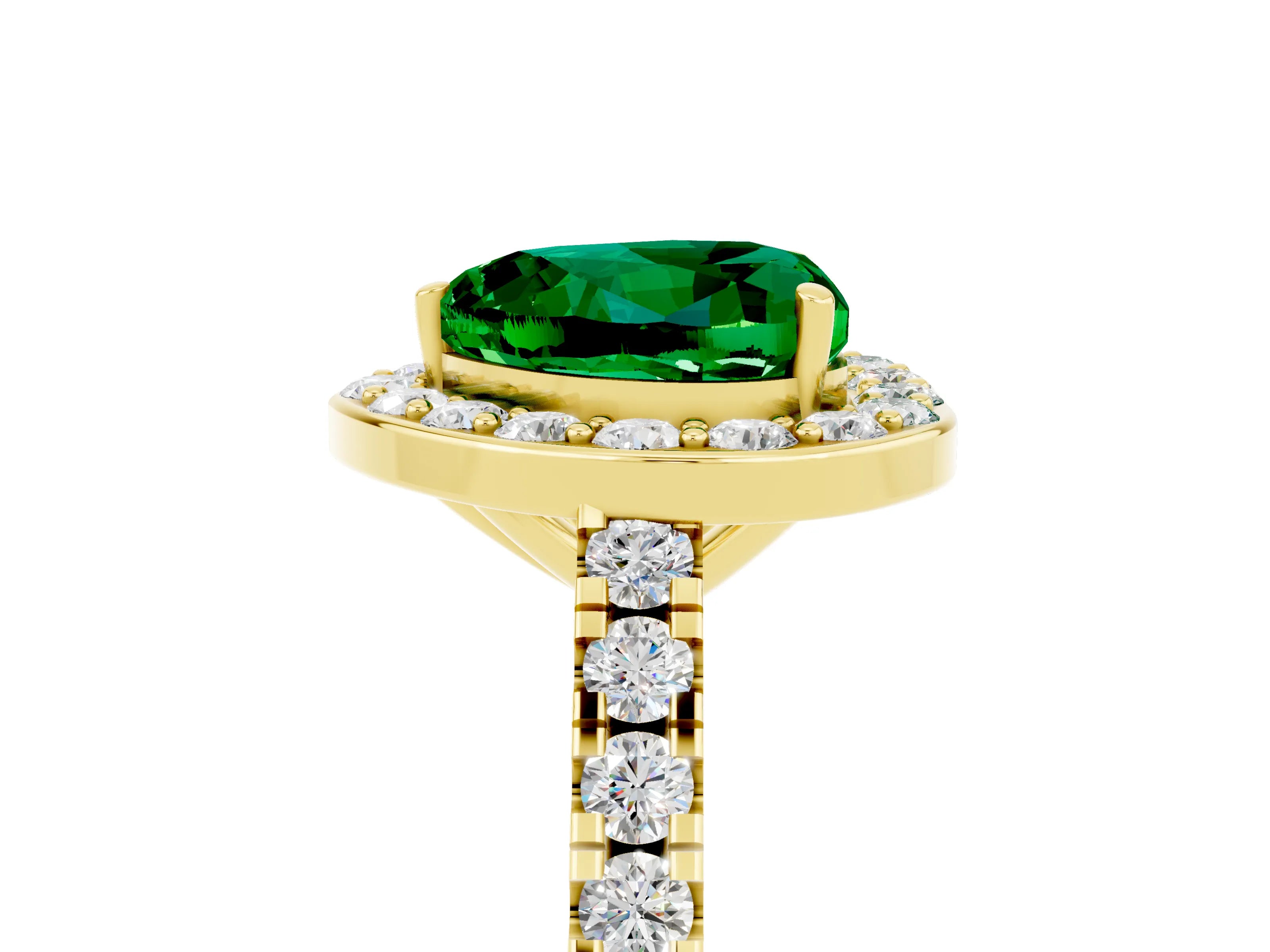 Yellow gold Heart Cut Halo Diamond Ring with Pavé Band and Three-Prong Setting_5