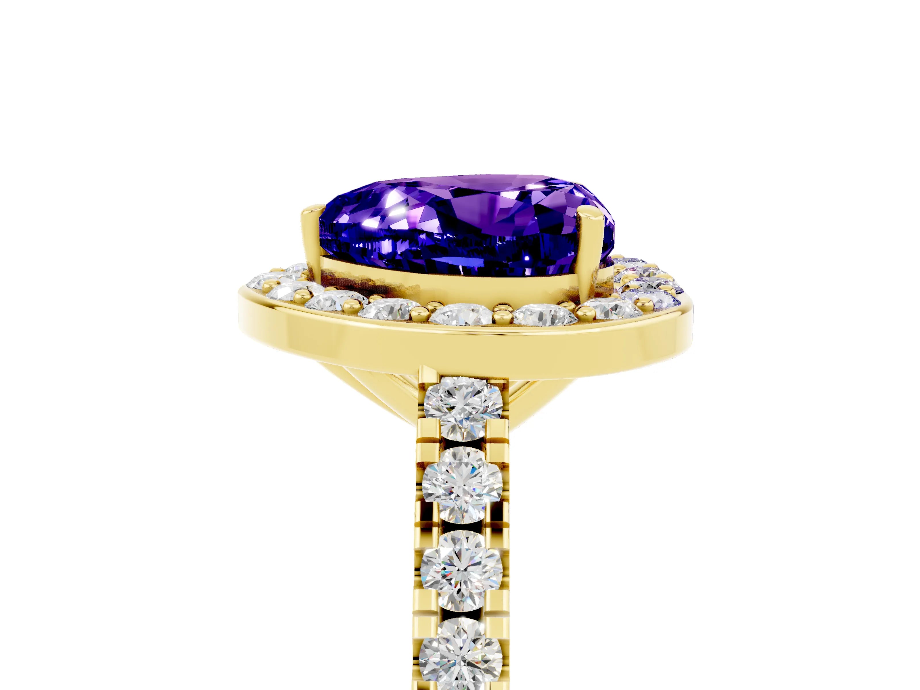 Yellow gold Heart Cut Halo Diamond Ring with Pavé Band and Three-Prong Setting_5