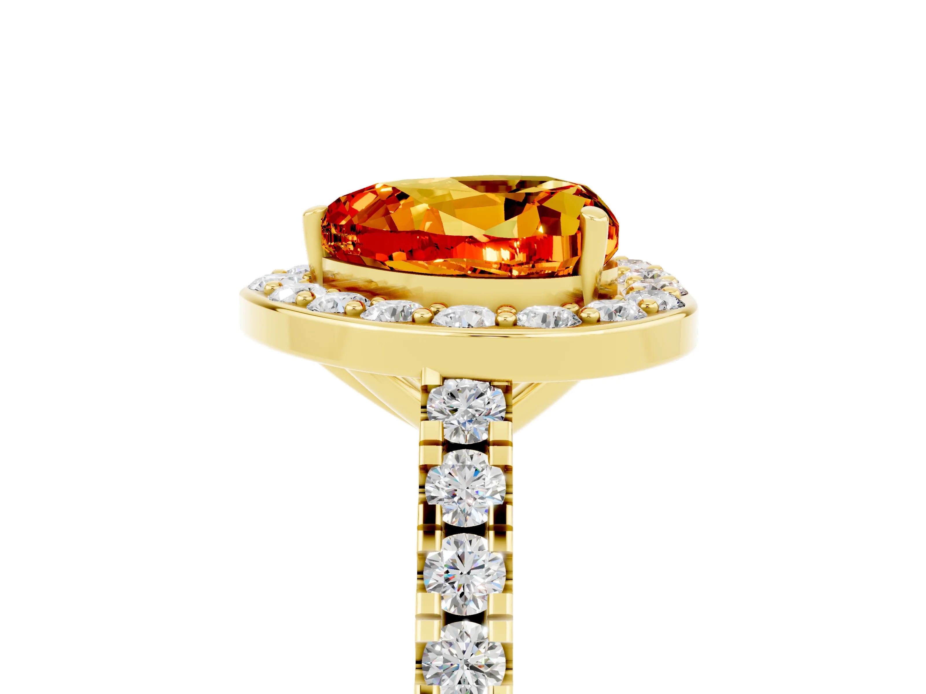 Yellow gold Heart Cut Halo Diamond Ring with Pavé Band and Three-Prong Setting_5