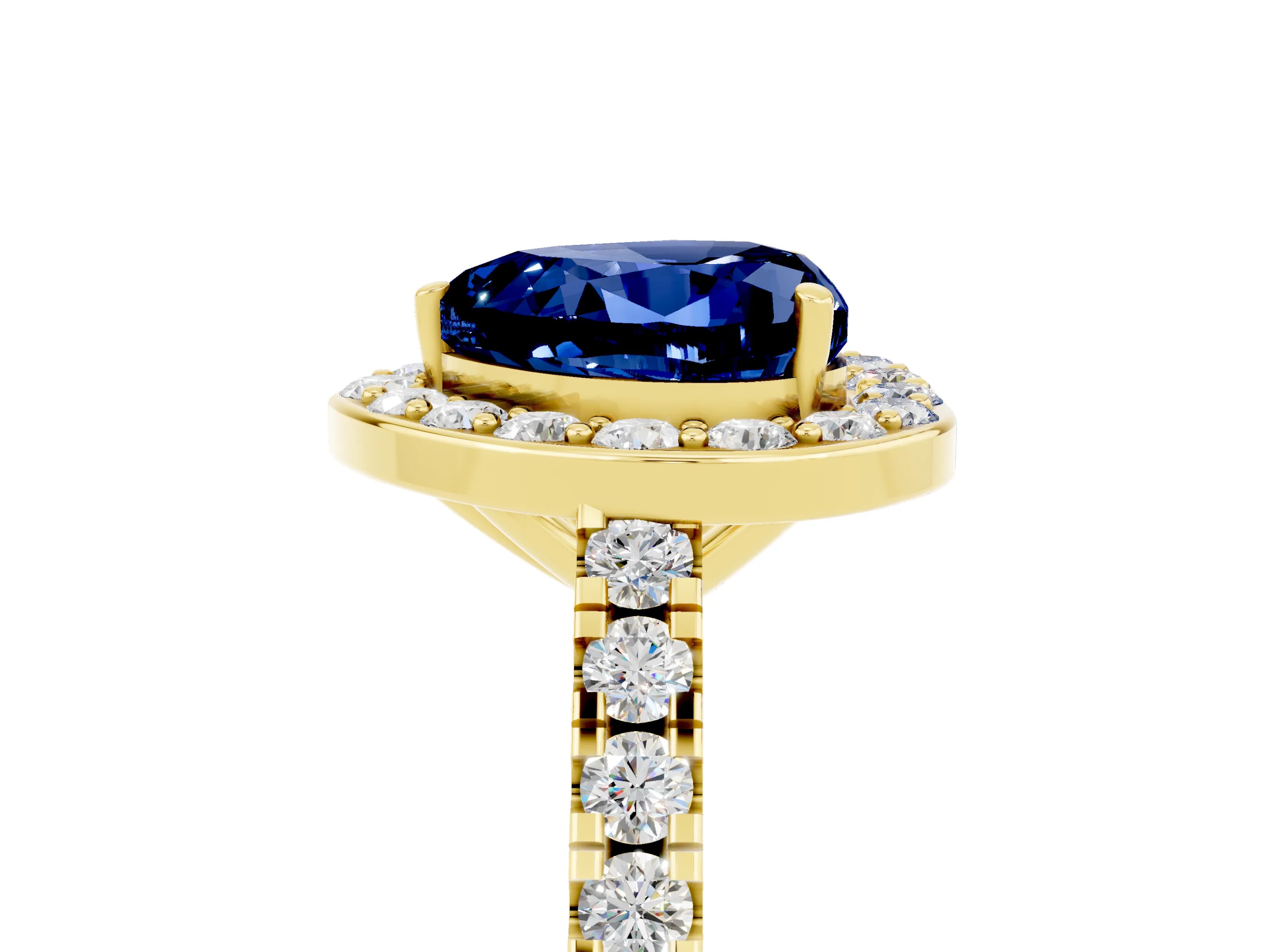 Yellow gold Heart Cut Halo Diamond Ring with Pavé Band and Three-Prong Setting_5