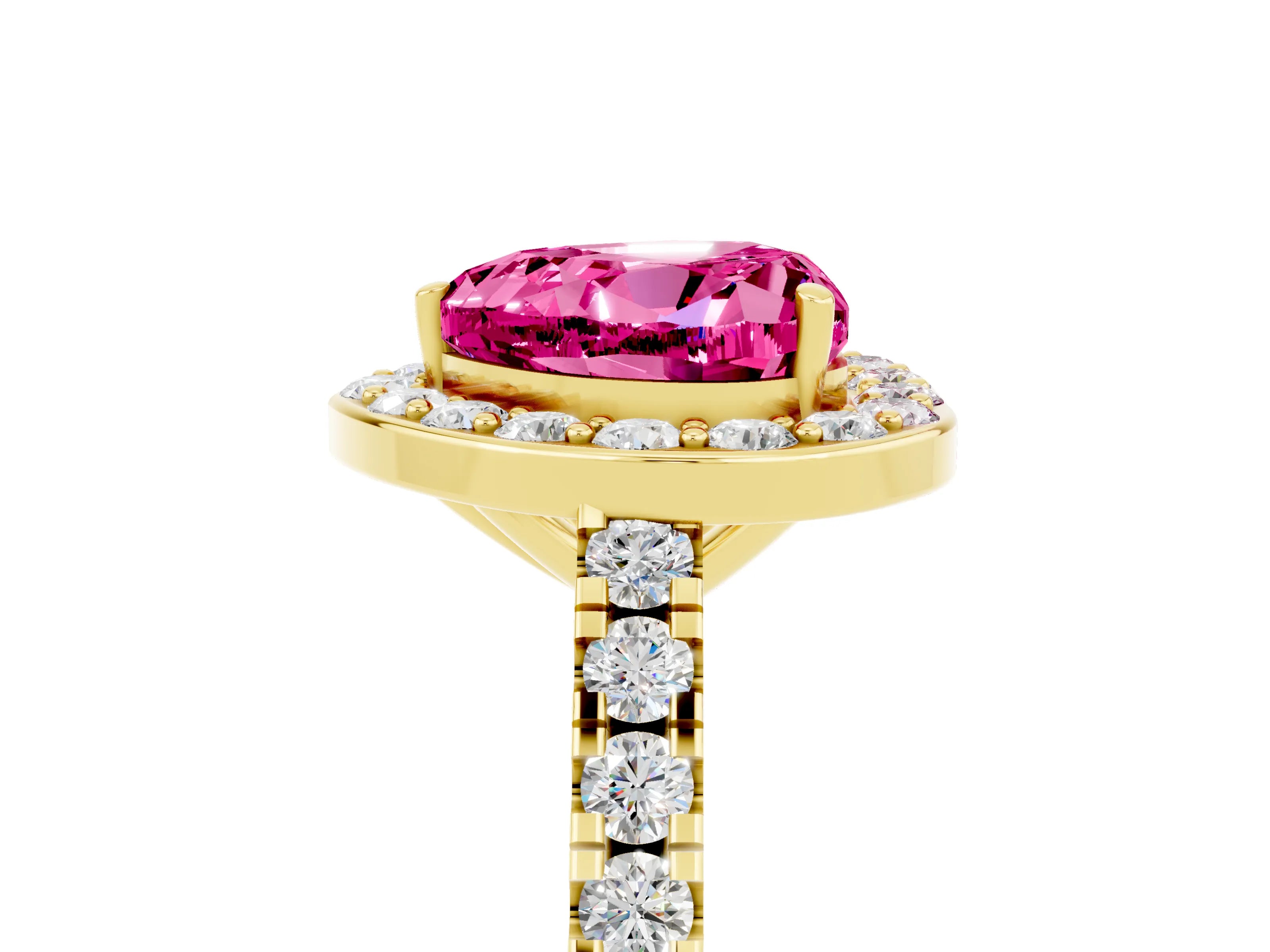 Yellow gold Heart Cut Halo Diamond Ring with Pavé Band and Three-Prong Setting_5